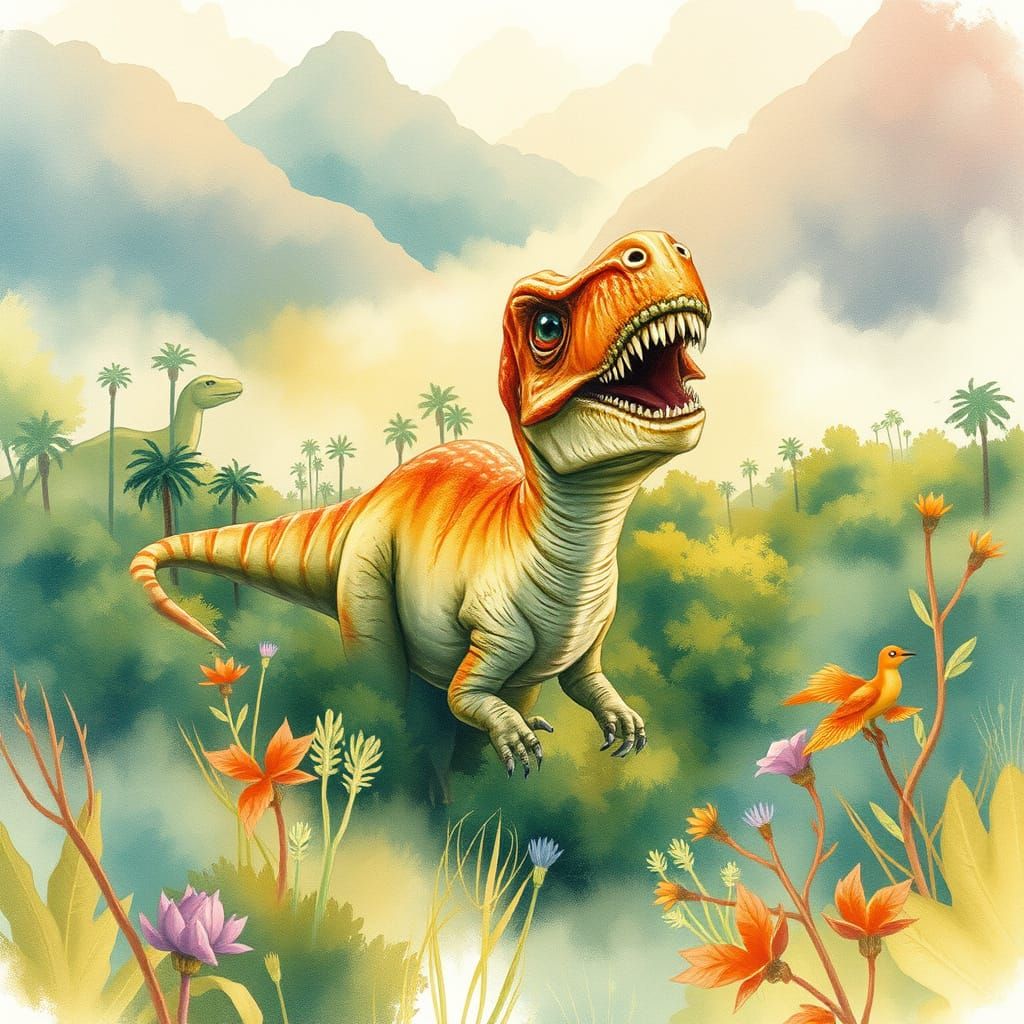 Watercolor Dinosaur in Jurassic Landscape with Golden Light