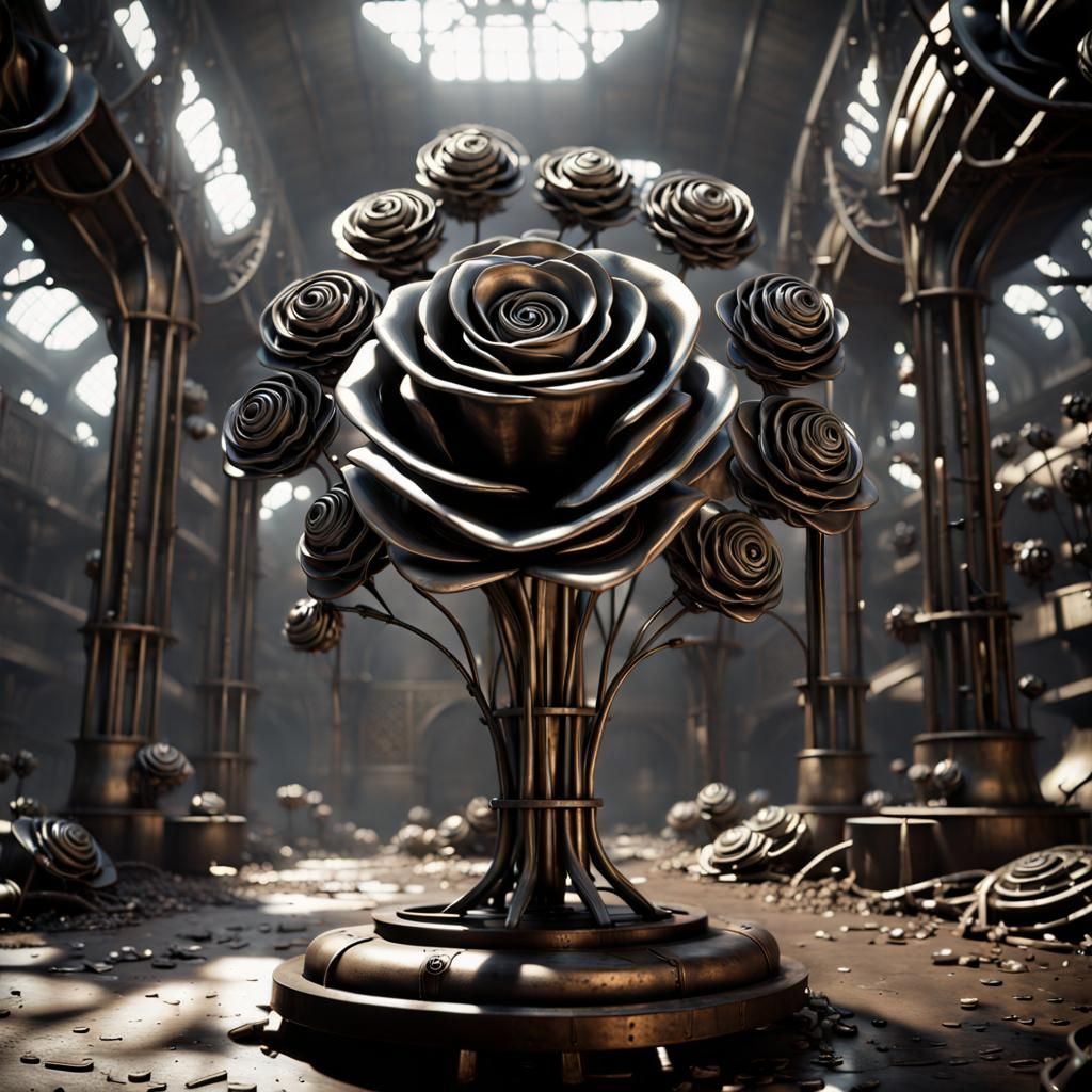 Steampunk Metal Roses Bloom in Abandoned Mill