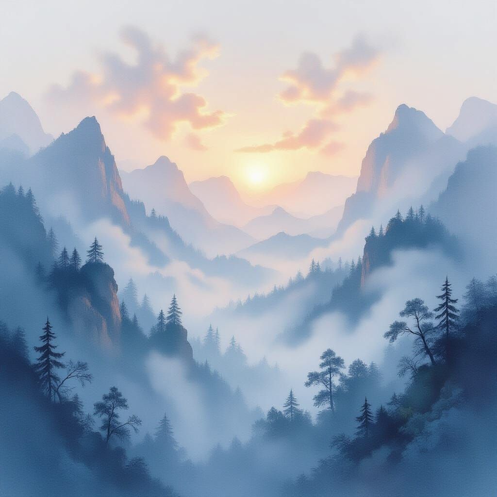 Ethereal Watercolor Fantasy Landscape with Mystical Mist