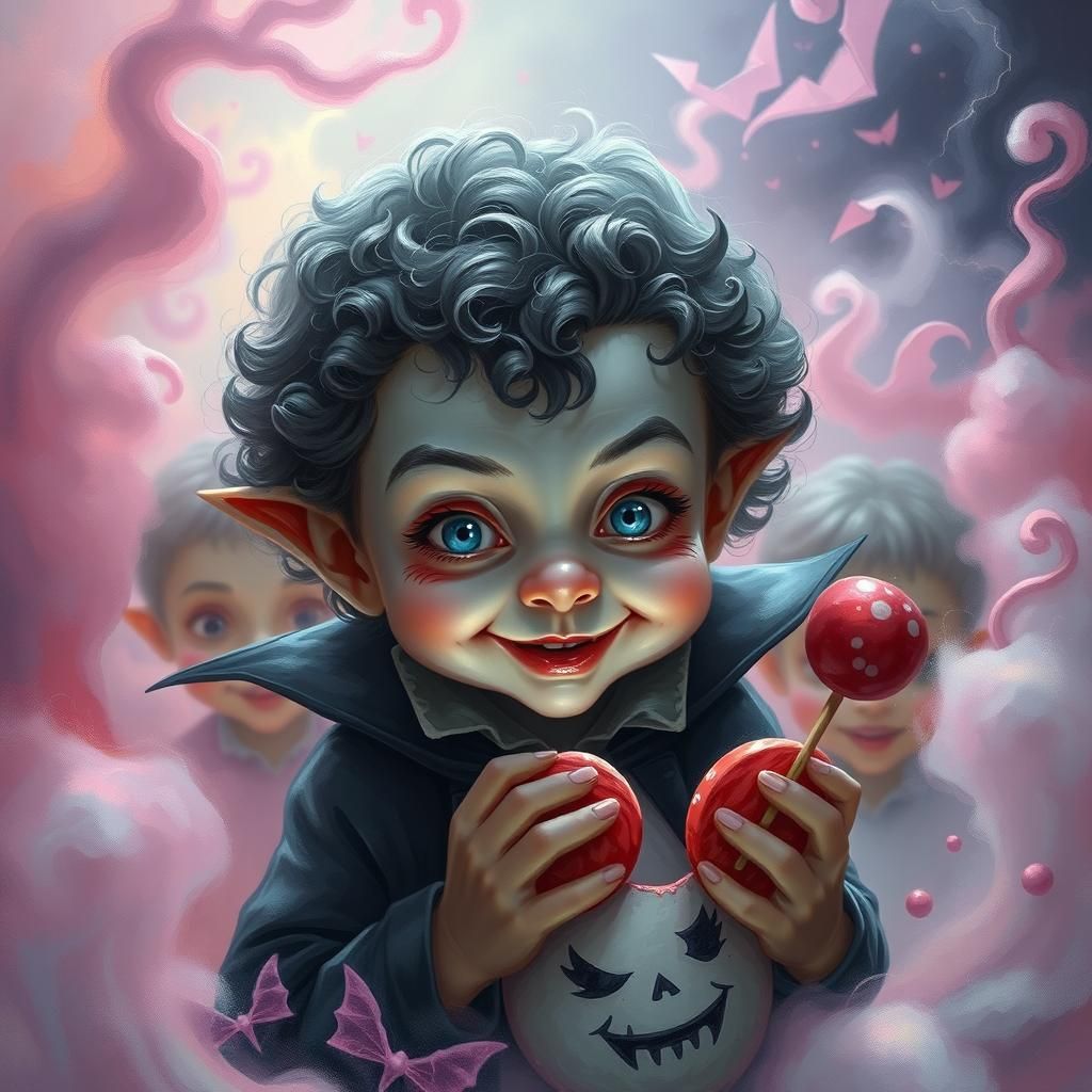 Mischievous Vampire Child Stealing Sweets in Dreamlike Scene