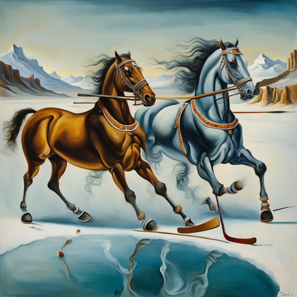 Two horses playing ice-hockey