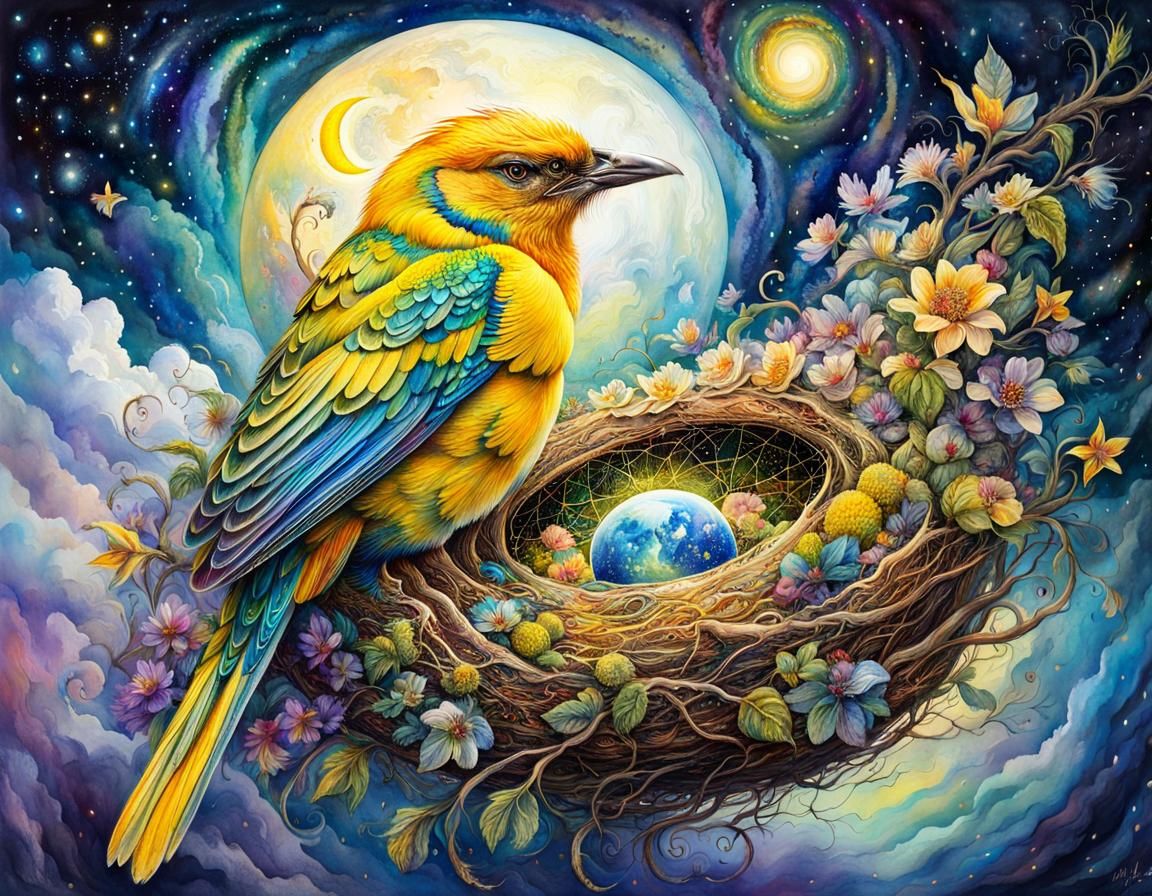 Galactic Bird Nest on Crescent Moon Watercolor