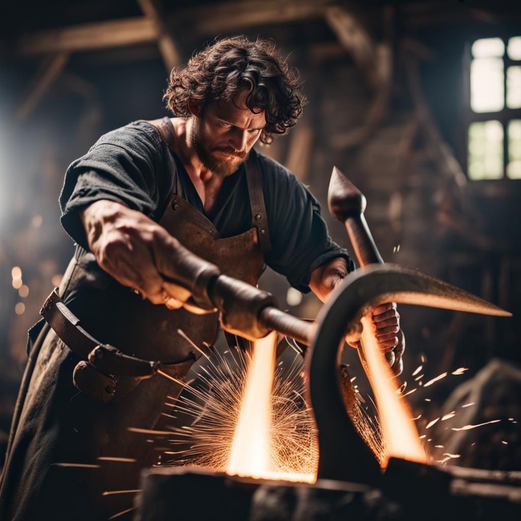Young Blacksmith Wields Battle Axe in Sharp Focus