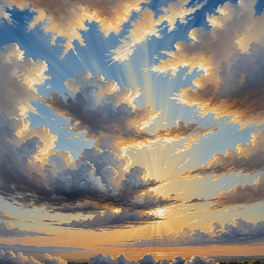 Sunlit Fluffy Clouds in Impressionistic Style