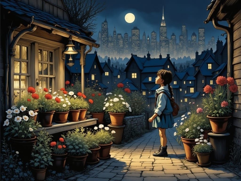 Girl in City Backyard Blooms with Joyful Flowers in a Fantas...