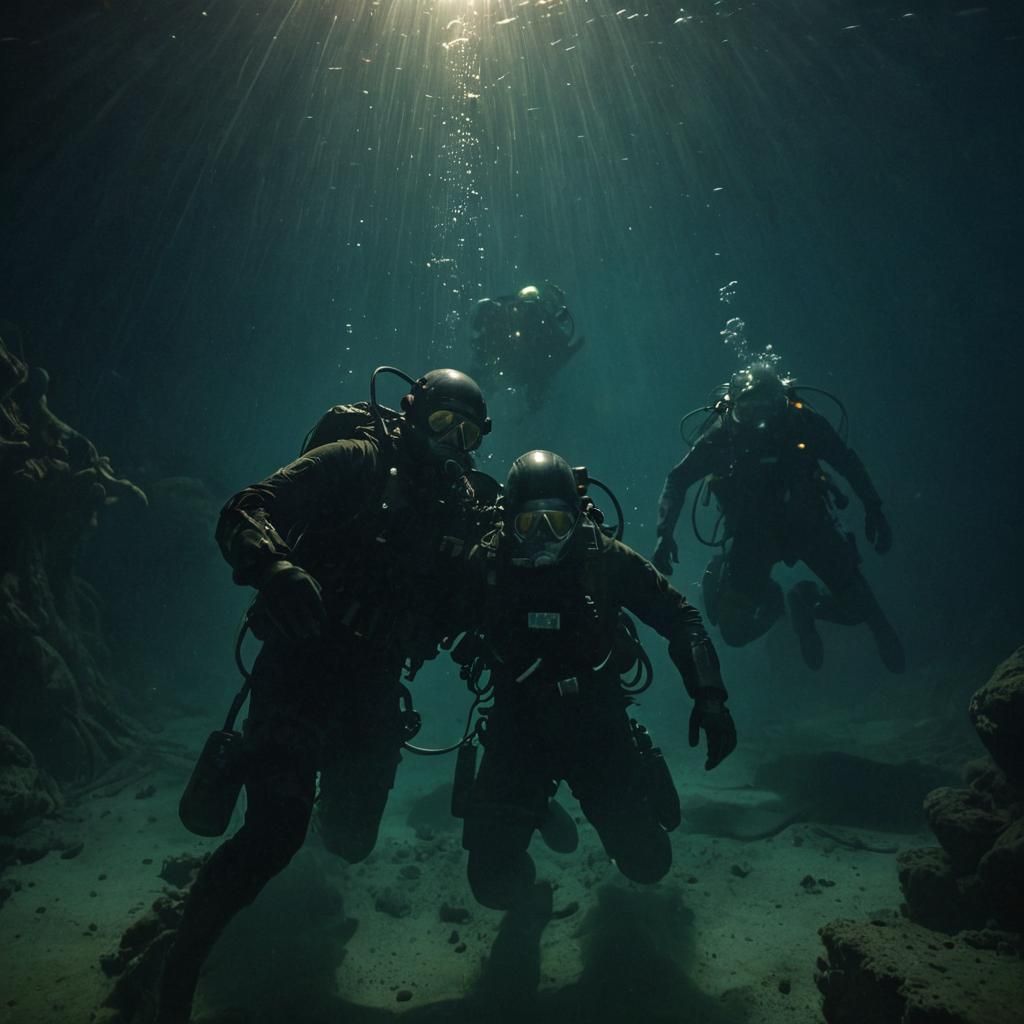 Underwater Hell Divers in a Dark Ocean Trench