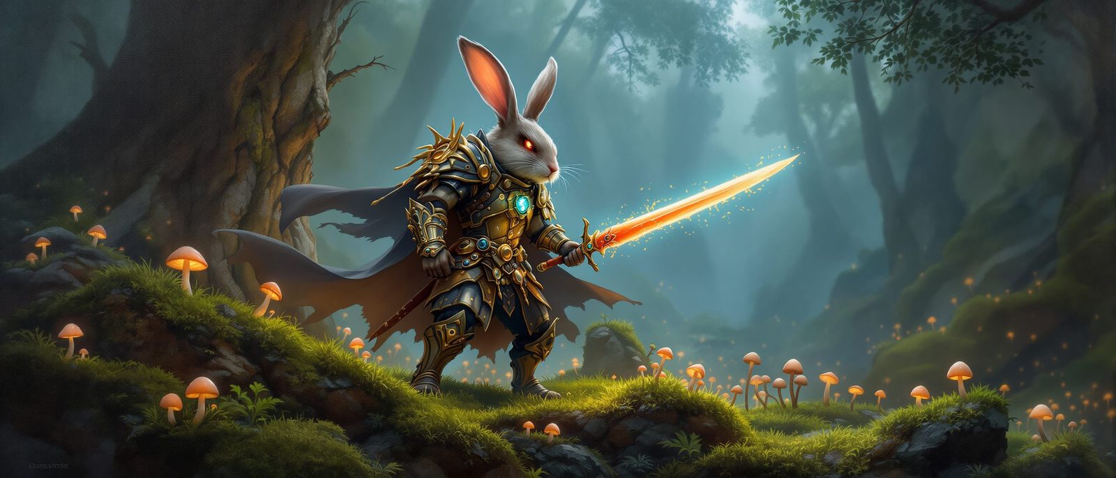 Majestic Rabbit Warrior in Steampunk Armor with Carrot-Sword