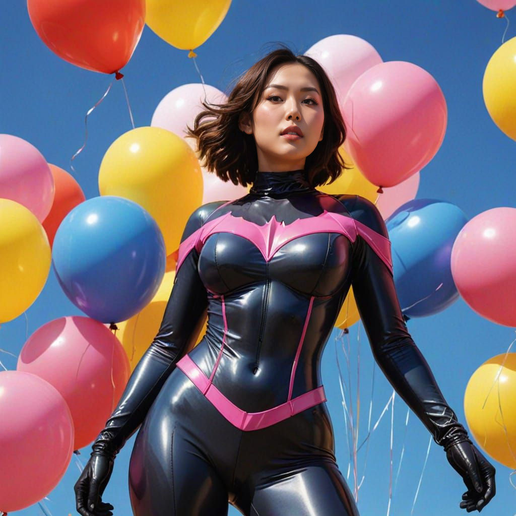 Sultry Superheroine in Batman Suit Amidst Vibrant Balloons