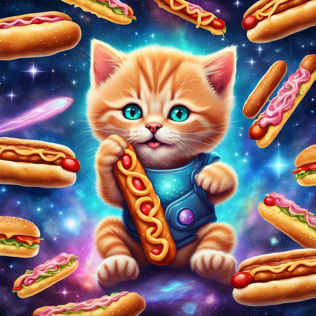 Ginger Kitten Enjoys Hotdog: Astral Cosmic Illustration