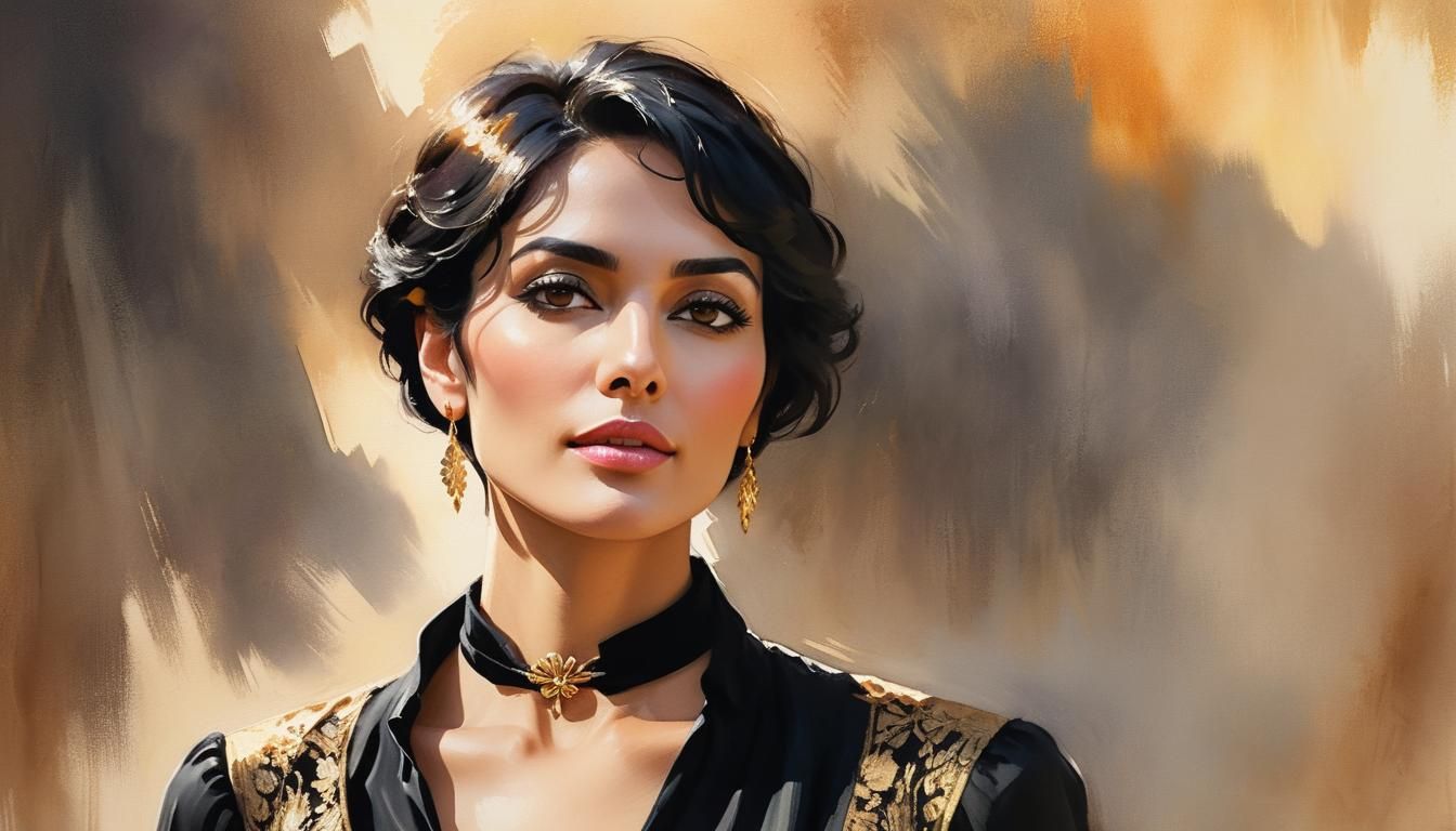 Watercolor Portrait of Woman with Black Hair