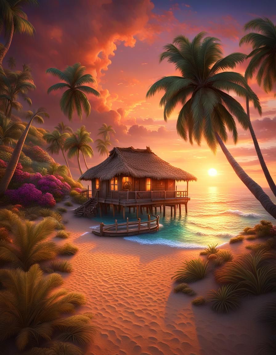 Colorful Sunset Beach with Palms and Boat