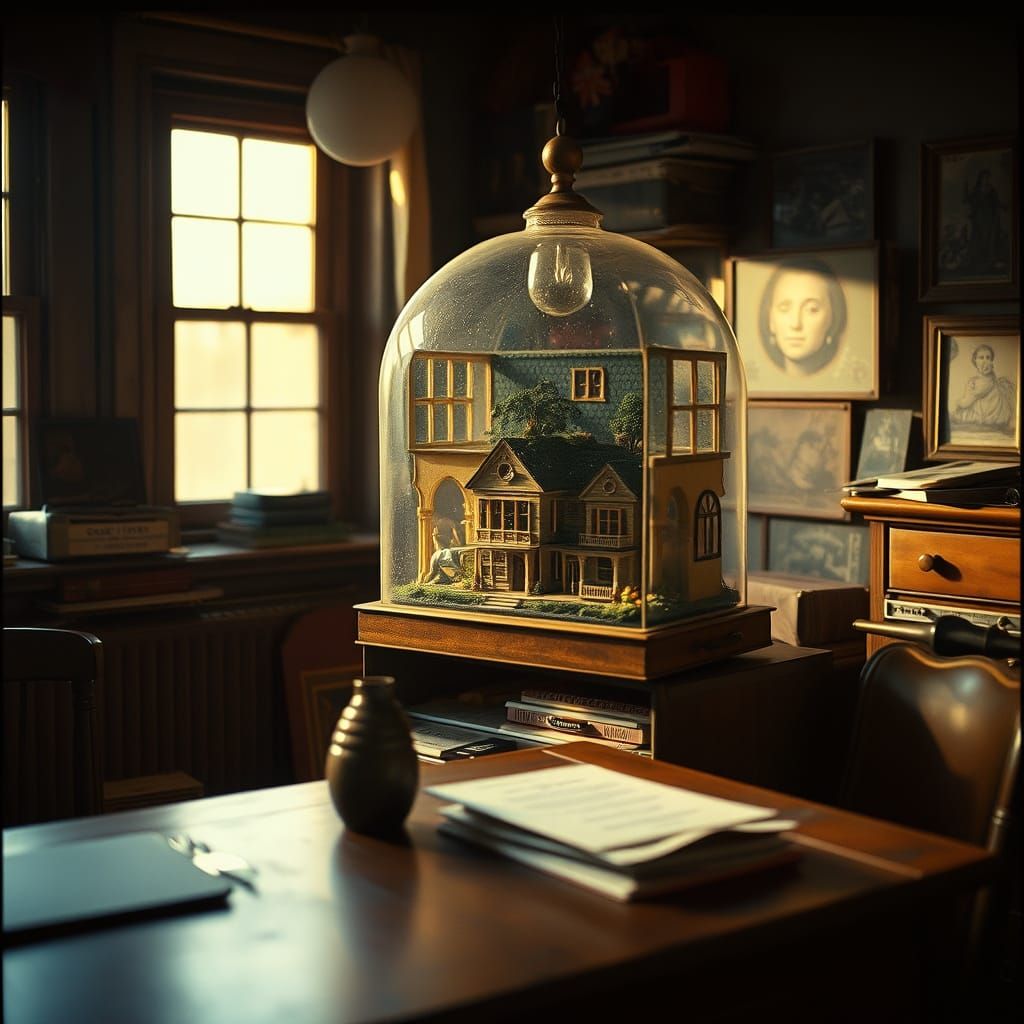 Cozy Apartment Miniature World with Vintage Desk and Glass T...