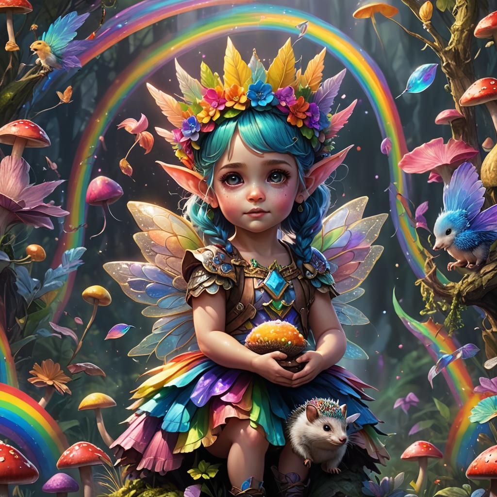 Rainbow Fairy with Hedgehog on Mushroom in Fantasy Art