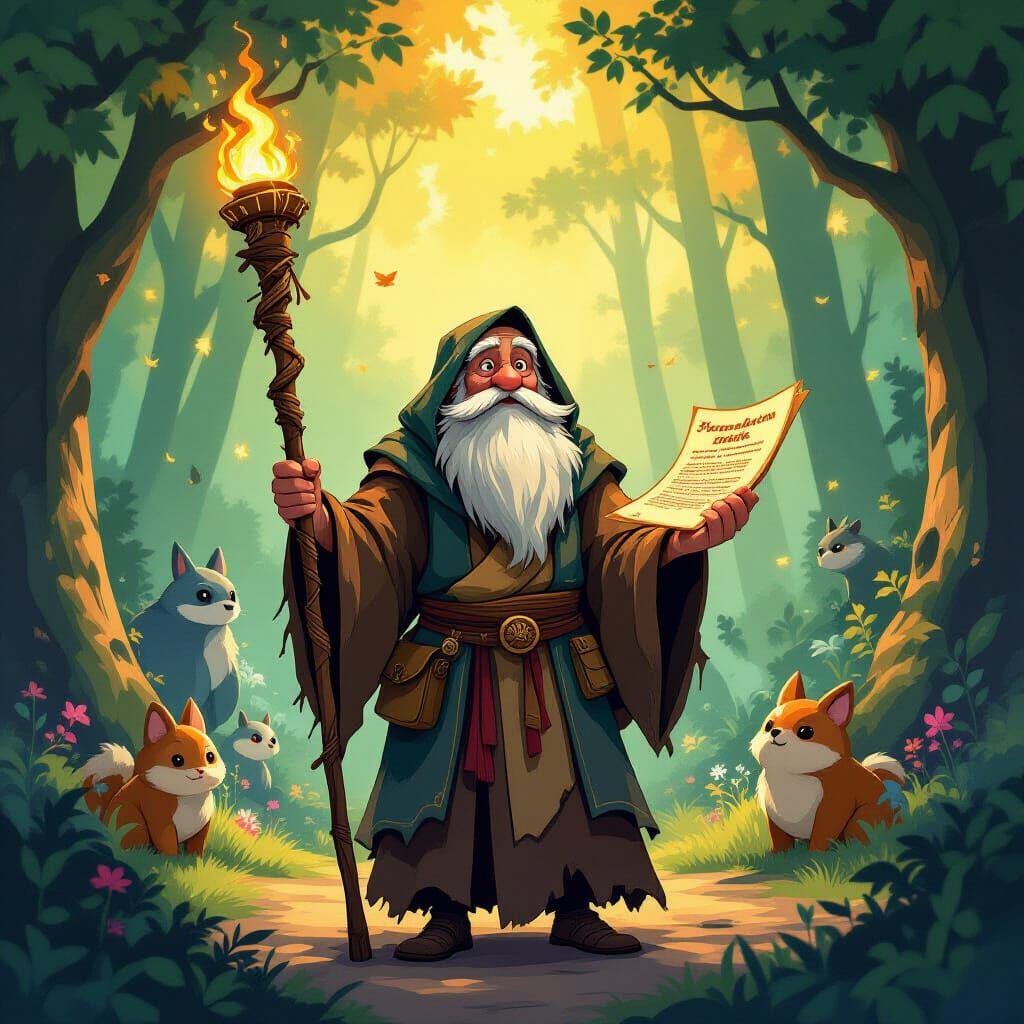 Enchanting Wizard in Whimsical Forest: Cel-Shaded Illustrati...