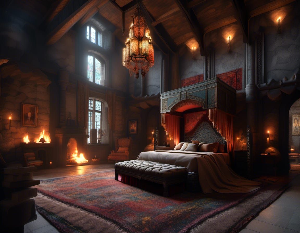 Extravagant Gothic Castle Bedroom in Hyperrealistic Style