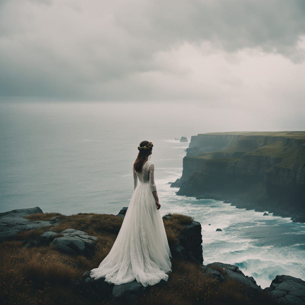 Ethereal Bride Stands on Windswept Cliff in Moody, Cinematic...