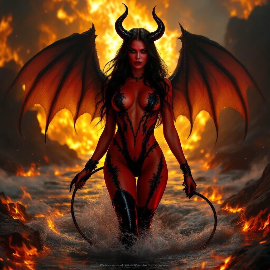 Crimson Demoness in Fiery Lake: Dark Fantasy Art