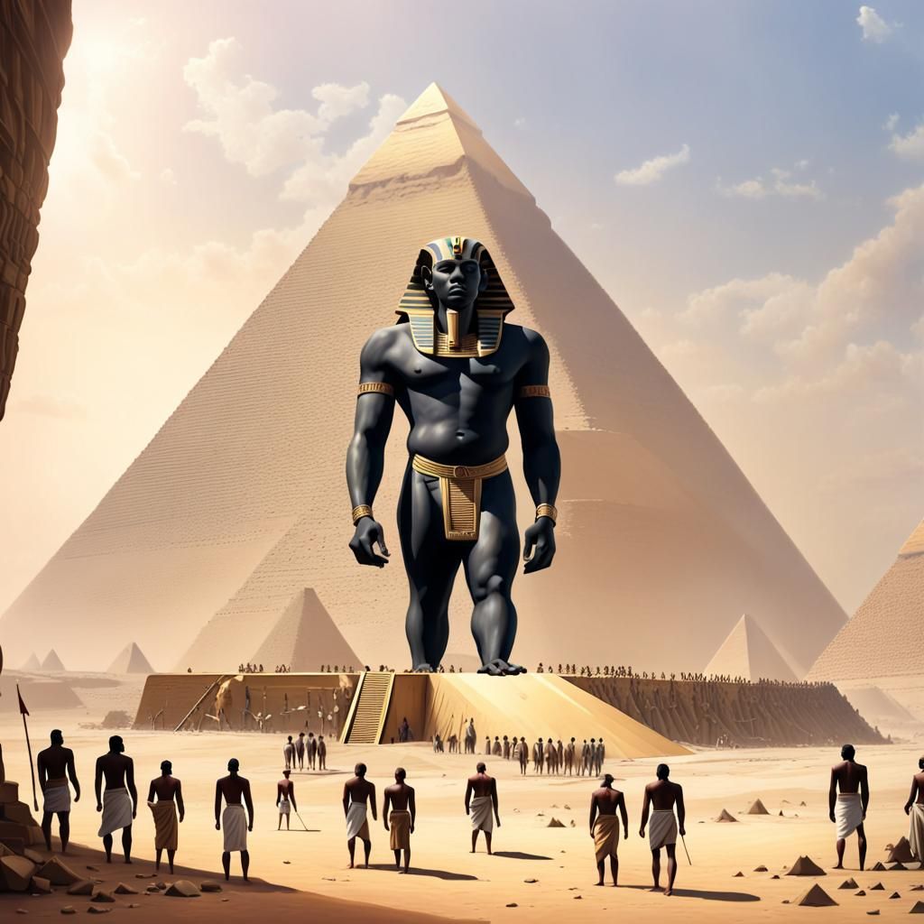 Giant Figures Building Pyramids: An Oil Painting
