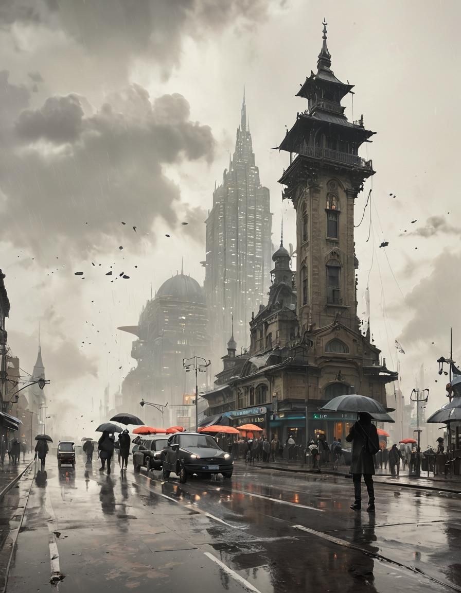 Dystopian Cityscape with Flying Cars, Dreamcore Painting