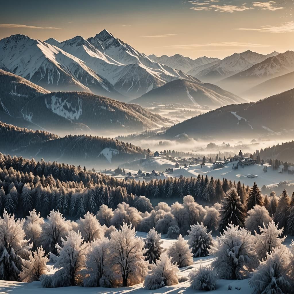 Misty Snow Mountains in Hyper-Realistic Digital Art