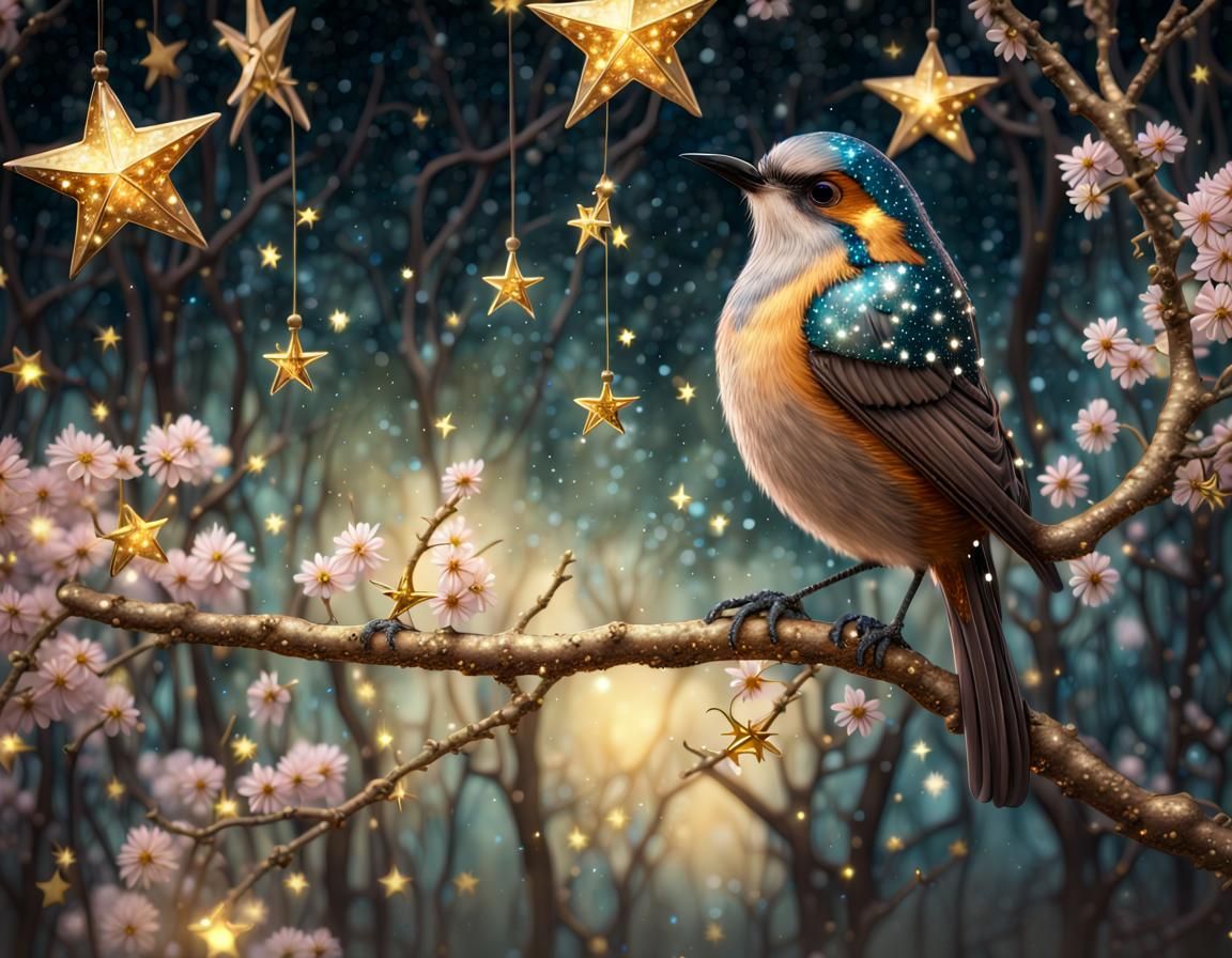Glass Bird on Blossom Branch in Fantasy Style