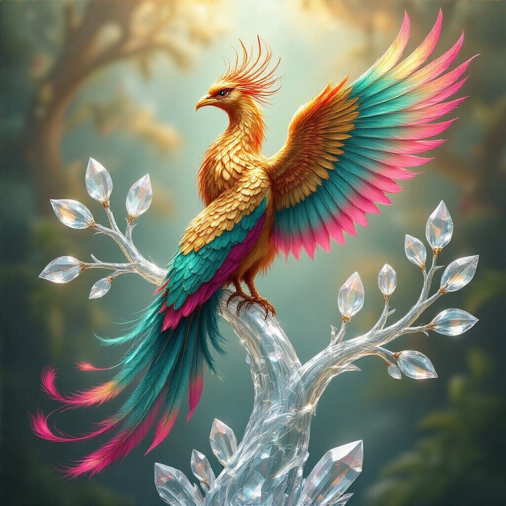 Phoenix Perched on Crystalline Tree: Digital Art