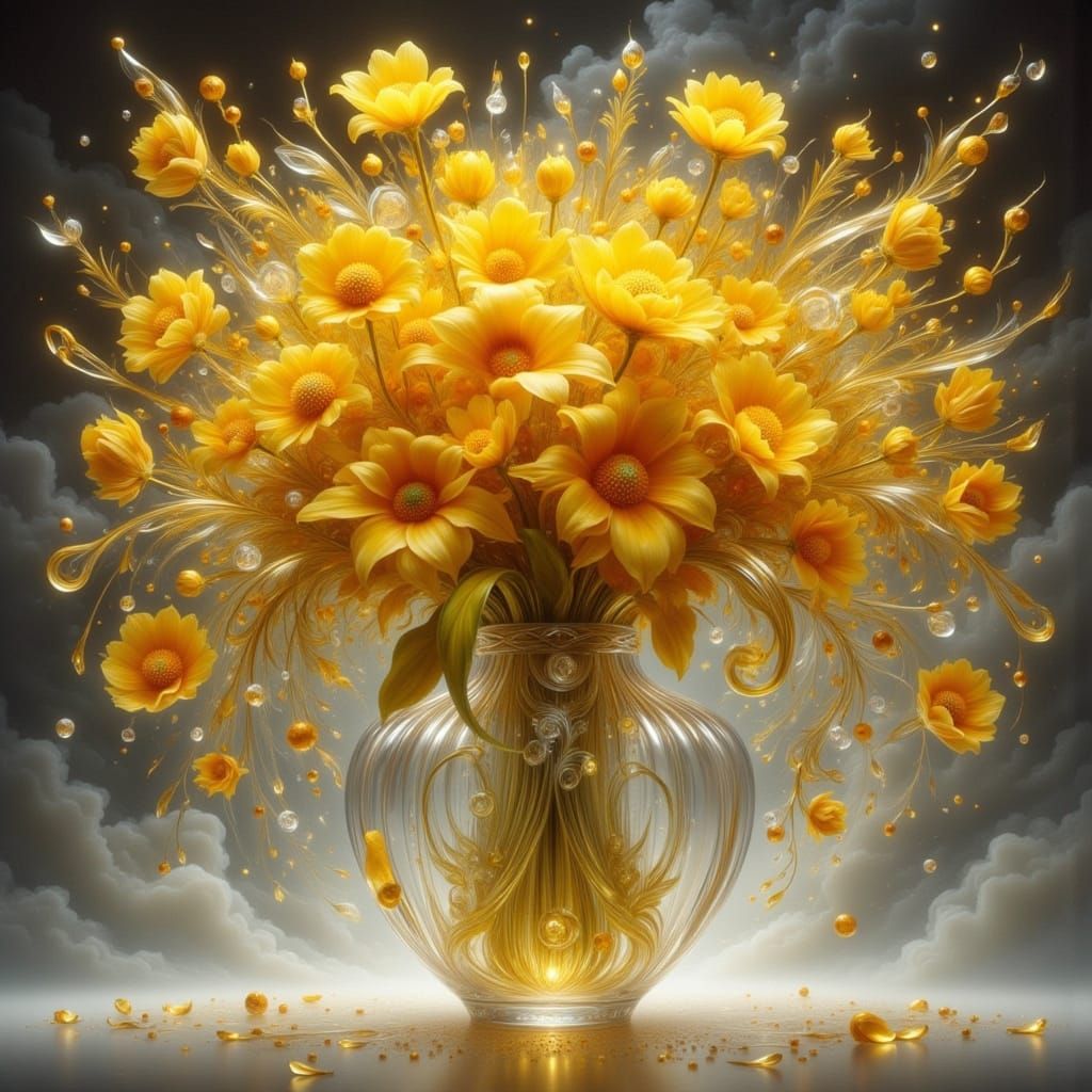 Crystal Vase with Yellow Flowers, Art Nouveau Style