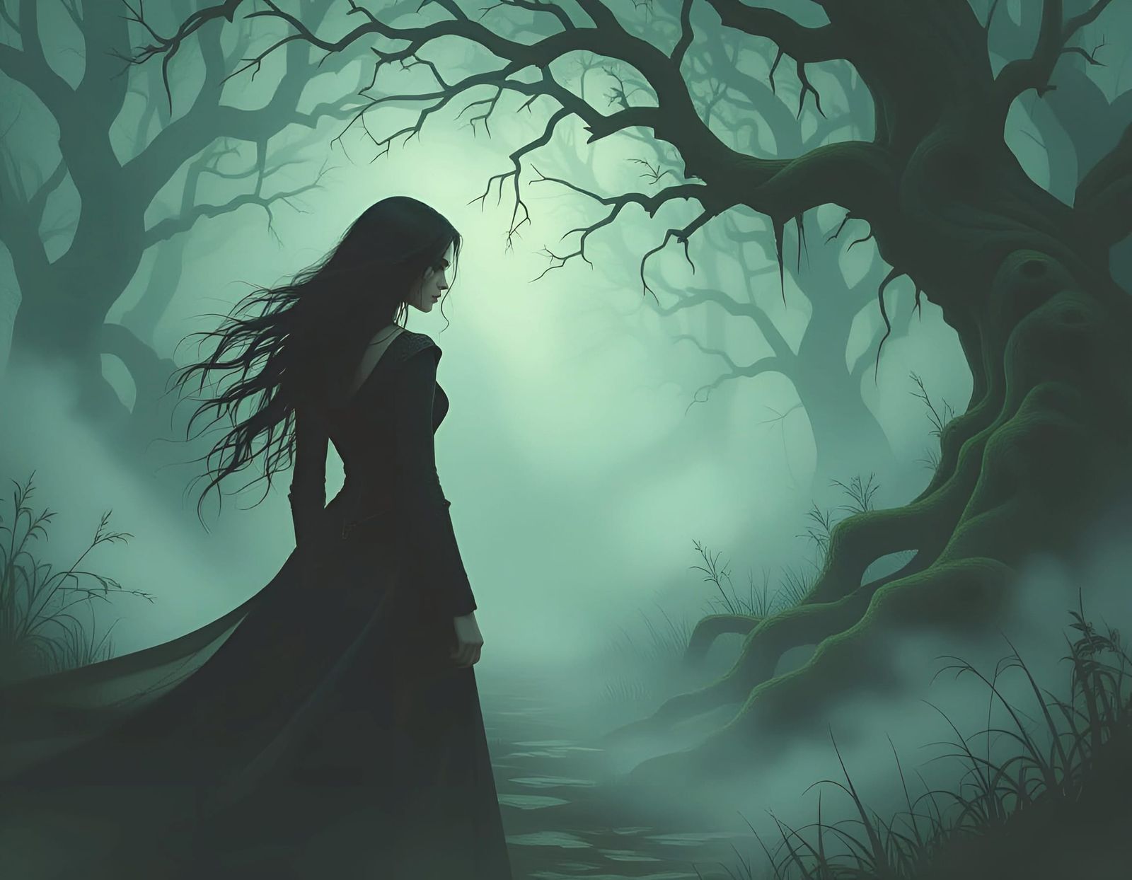 Oil Painting of Woman in Mist-Shrouded Forest