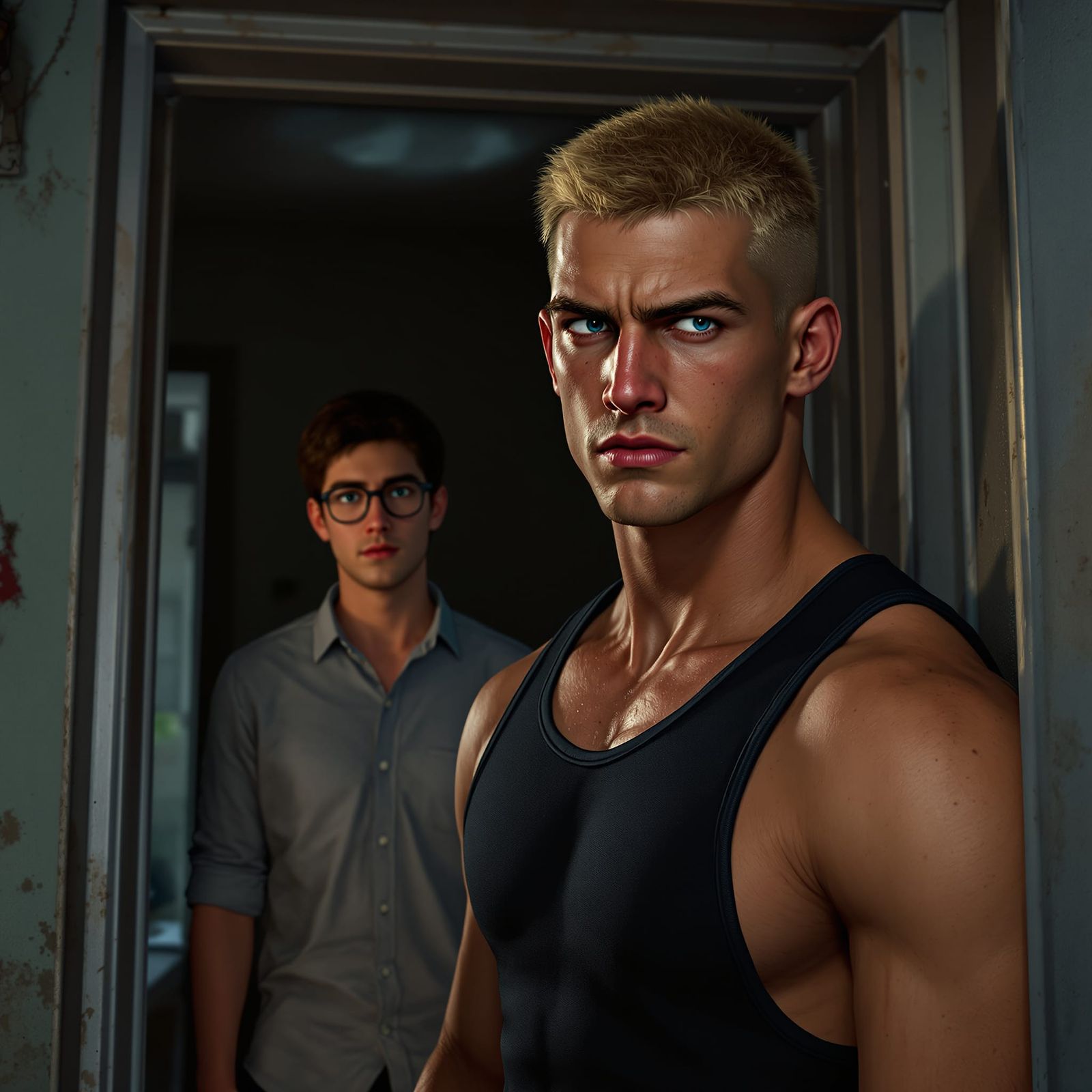 Mysterious Man in Seedy Apartment Doorway