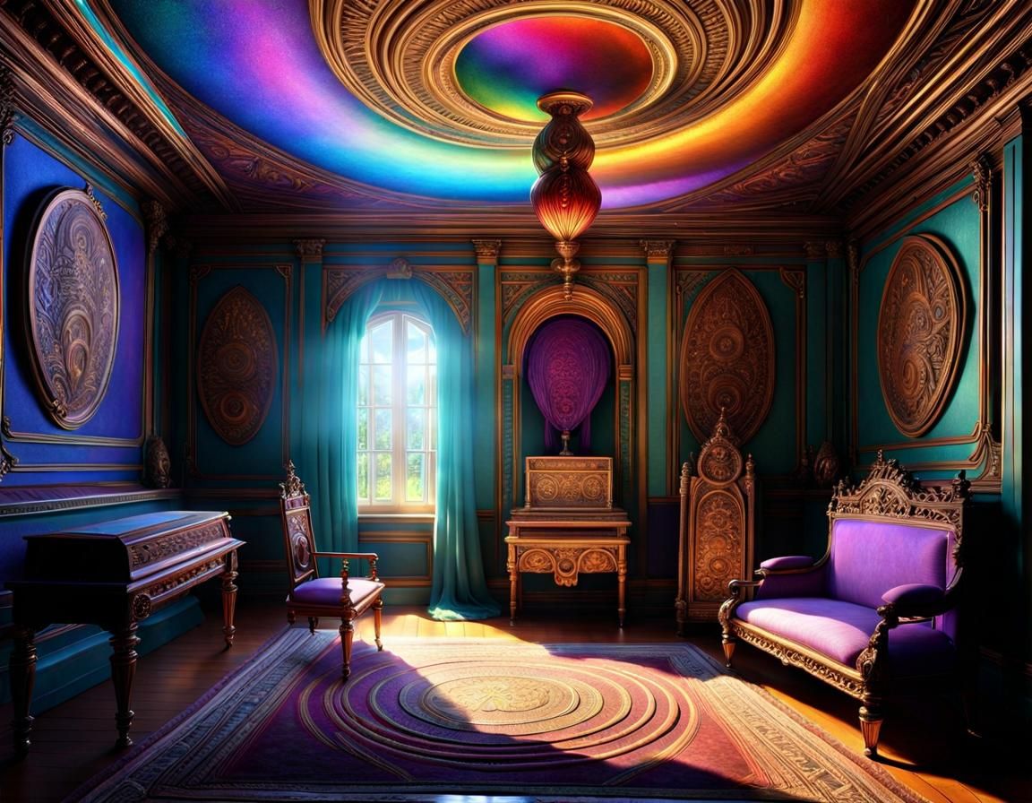 Iridescent Portal Opens in Hyperdetailed Fantasy Room