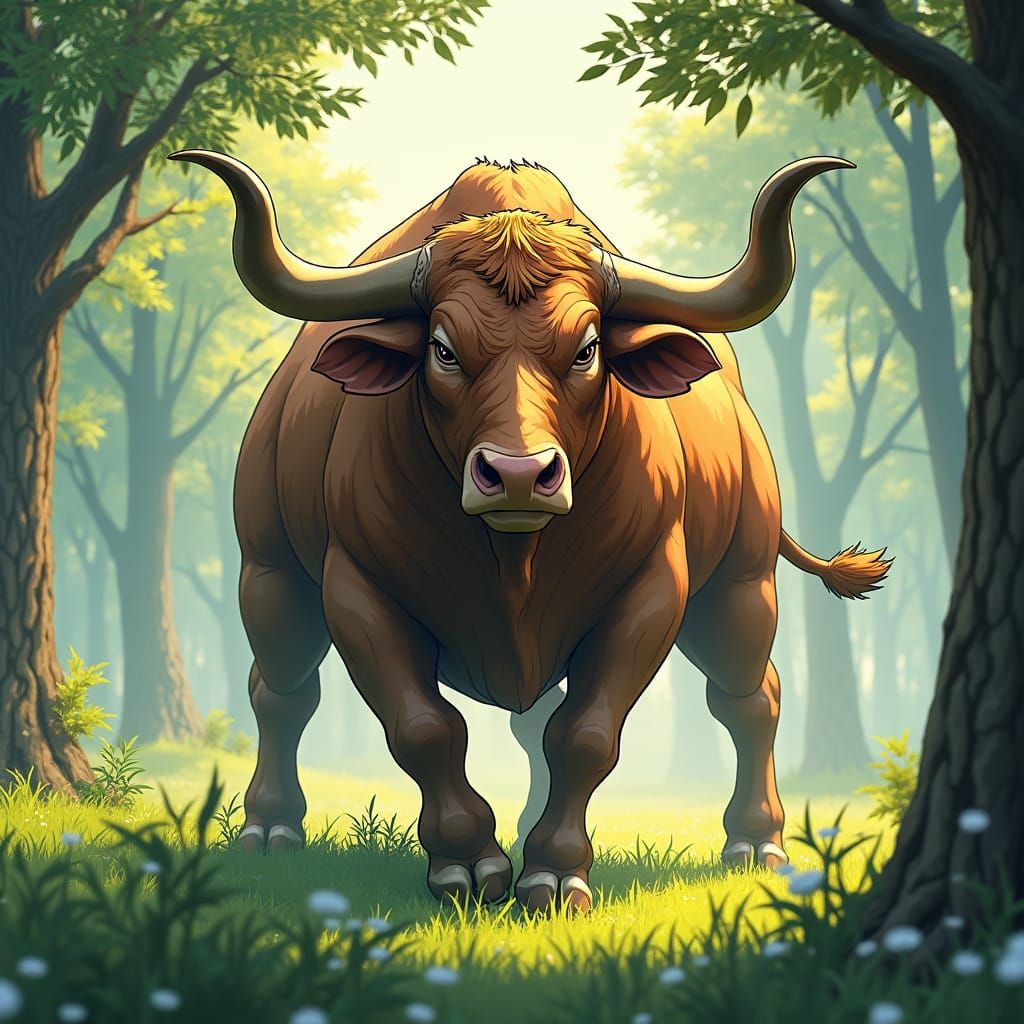 Majestic Ox in Emerald Pasture, High-Fantasy Style