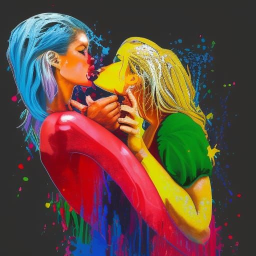 Two Women Kissing in Graffiti Street Art Style