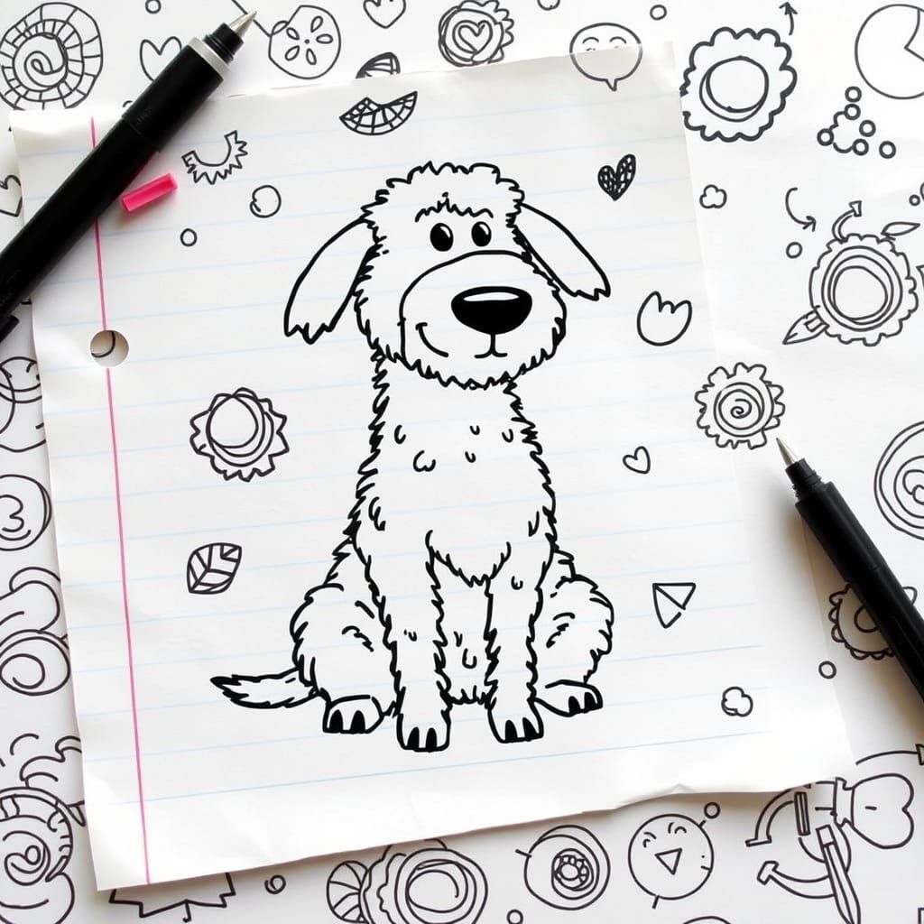 Sketch of sheepdog on line paper and doodles in biro