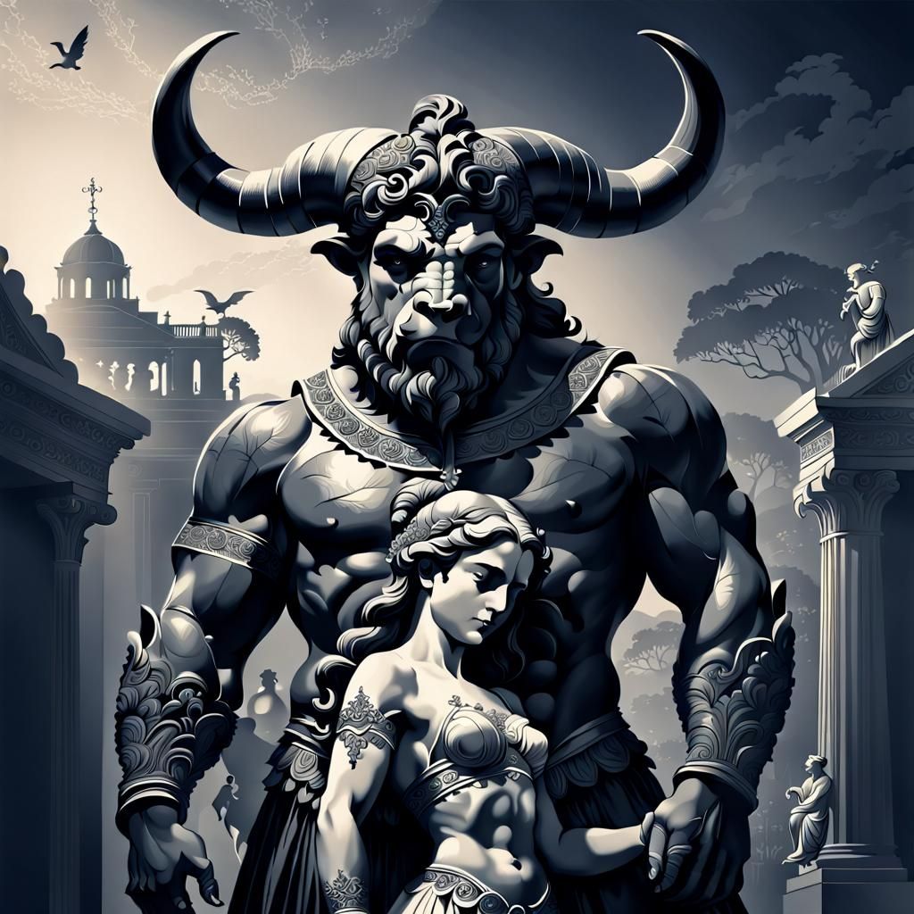 Minotaur Family: Victorian Silhouette in Classical Scene