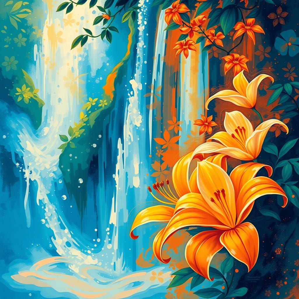 Impressionist Waterfall Scene with Blooming Lilies