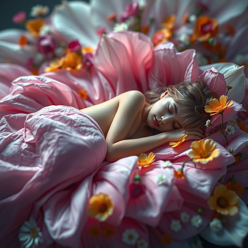 Miniature Woman Sleeps on Surreal Flower Petal
