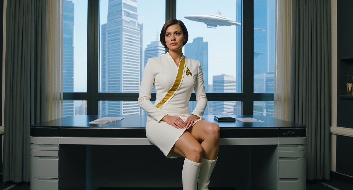 70s Starfleet Secretary in Futuristic HQ Office