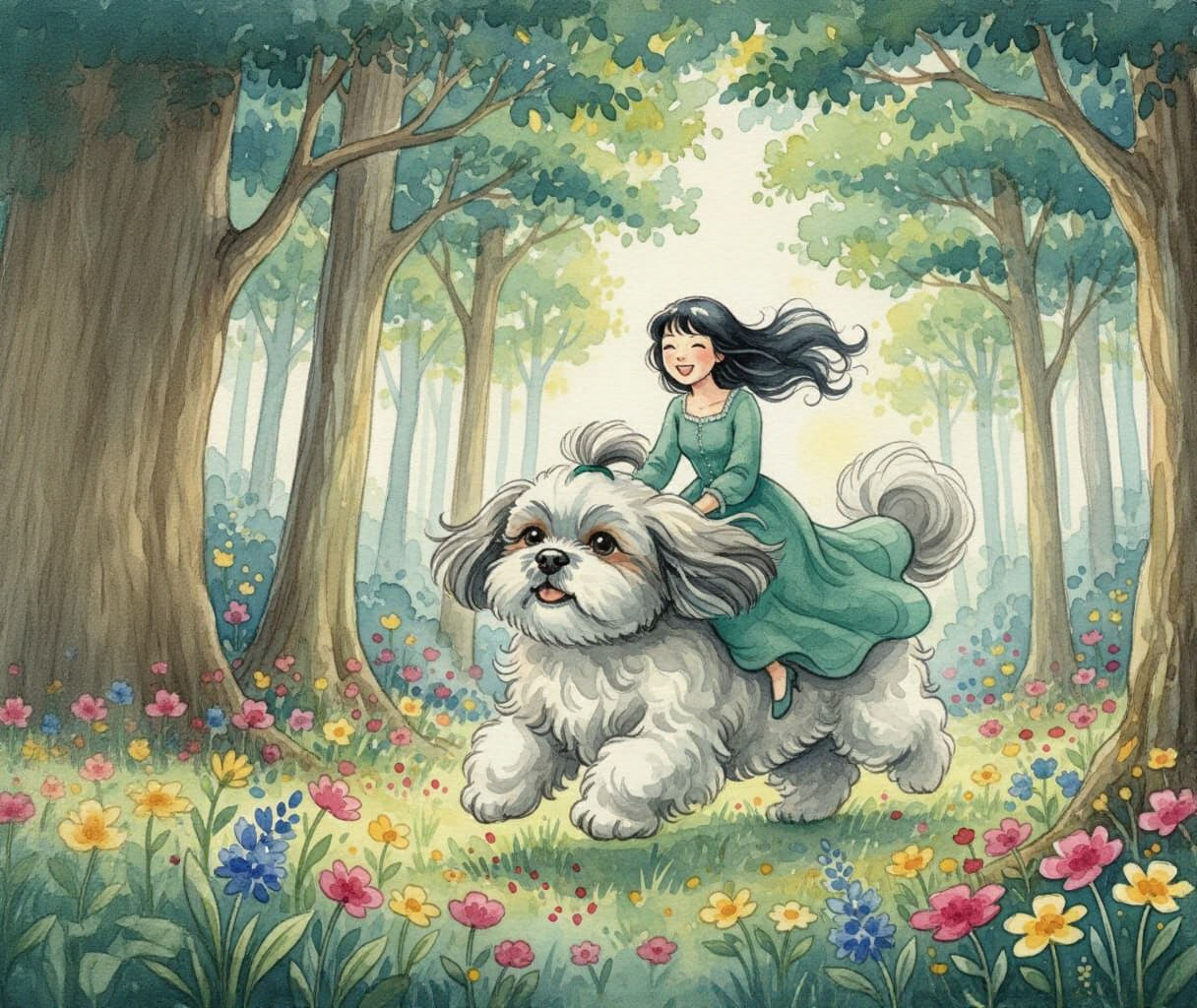 Woman Rides Giant Shih Tzu Through Forest