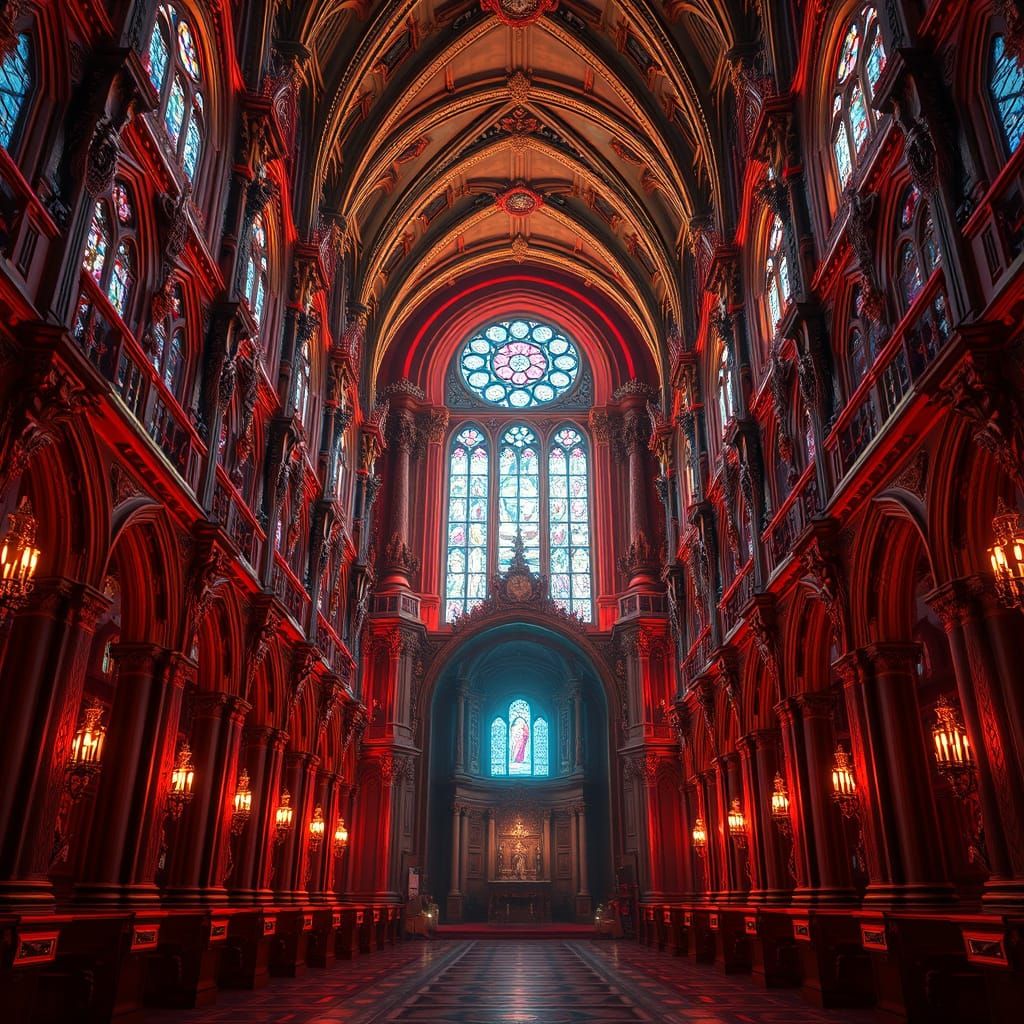 Baroque Cathedral Interior Lit with Synthwave Neon