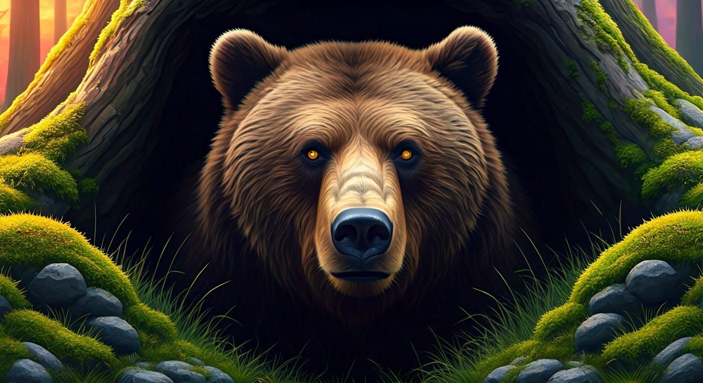 Hyperrealistic Bear Portrait Under Dark Tree Burrow