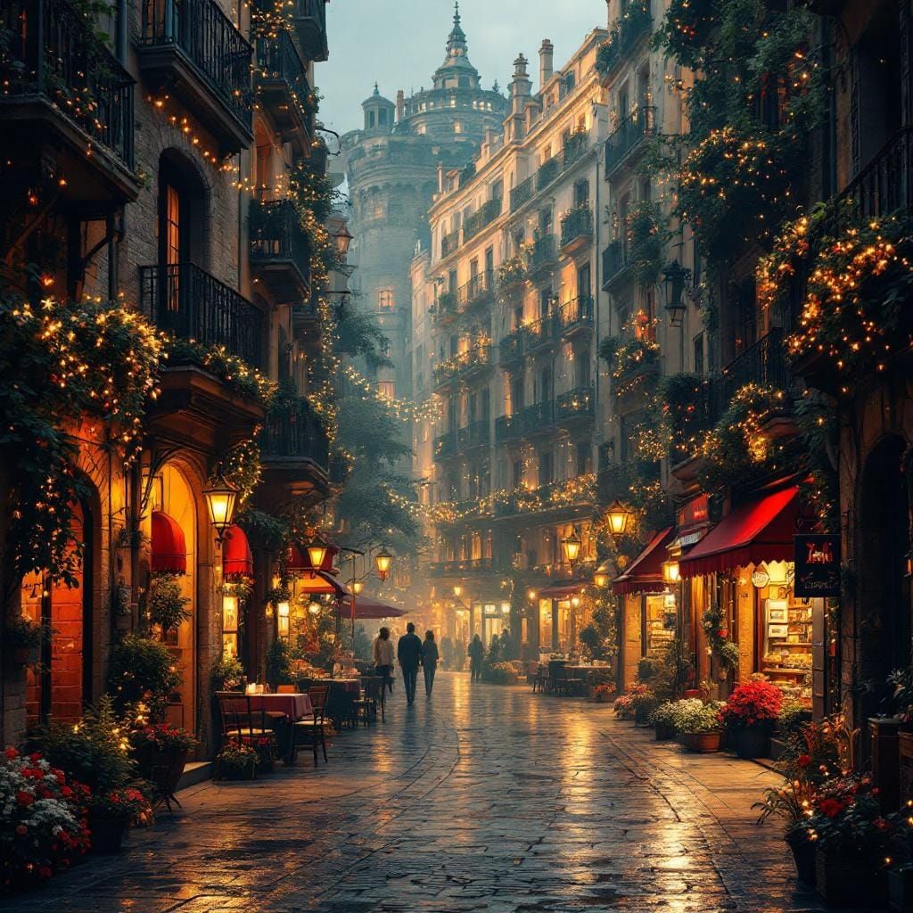 Cozy Barcelona Street Scene in Digital Painting Style
