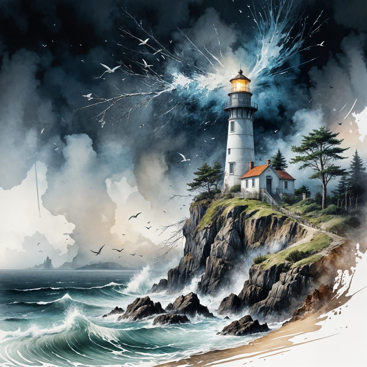 Lighthouse on Windswept Cliff in Watercolor Style