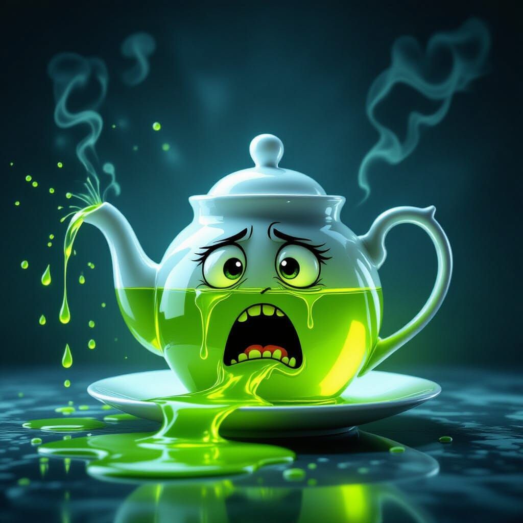 Frightened Teapot Spills Neon Green Tea