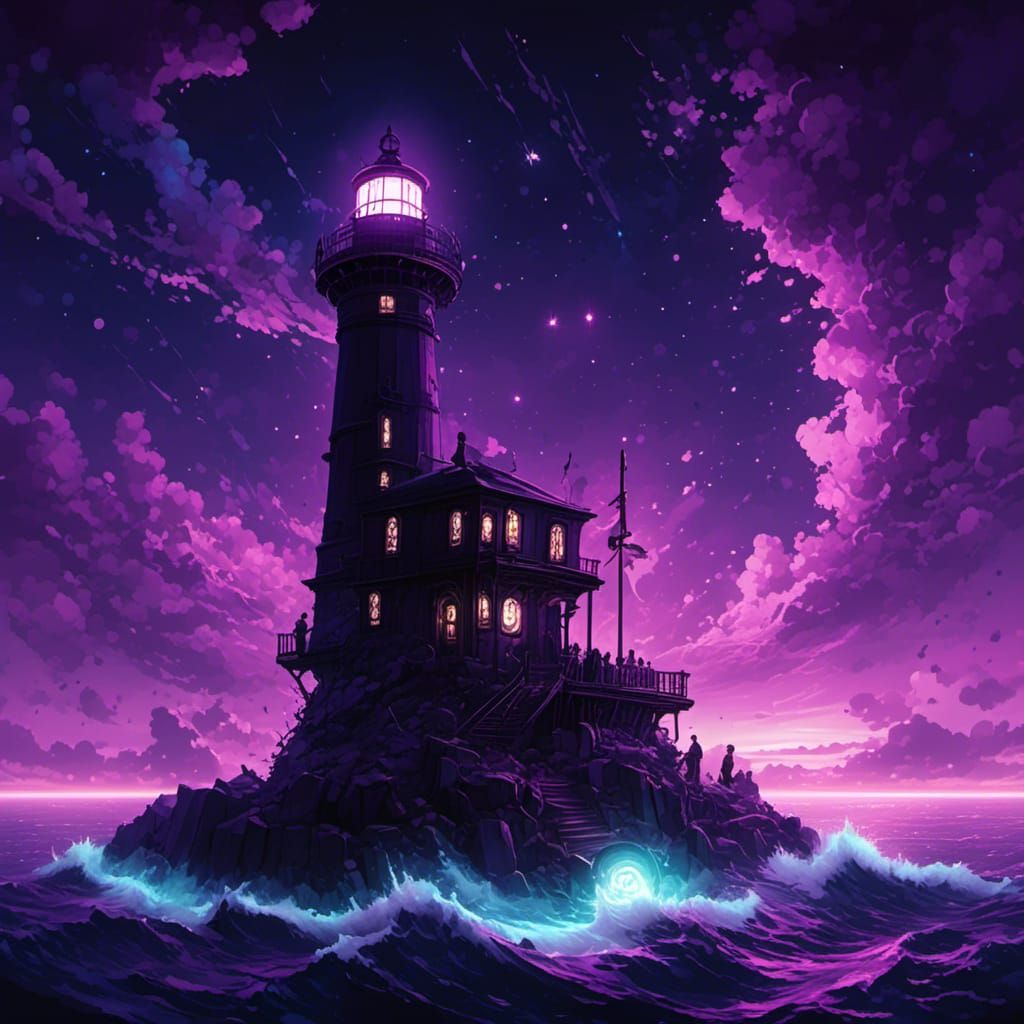 Steampunk Airships Assaulting a Black Lighthouse