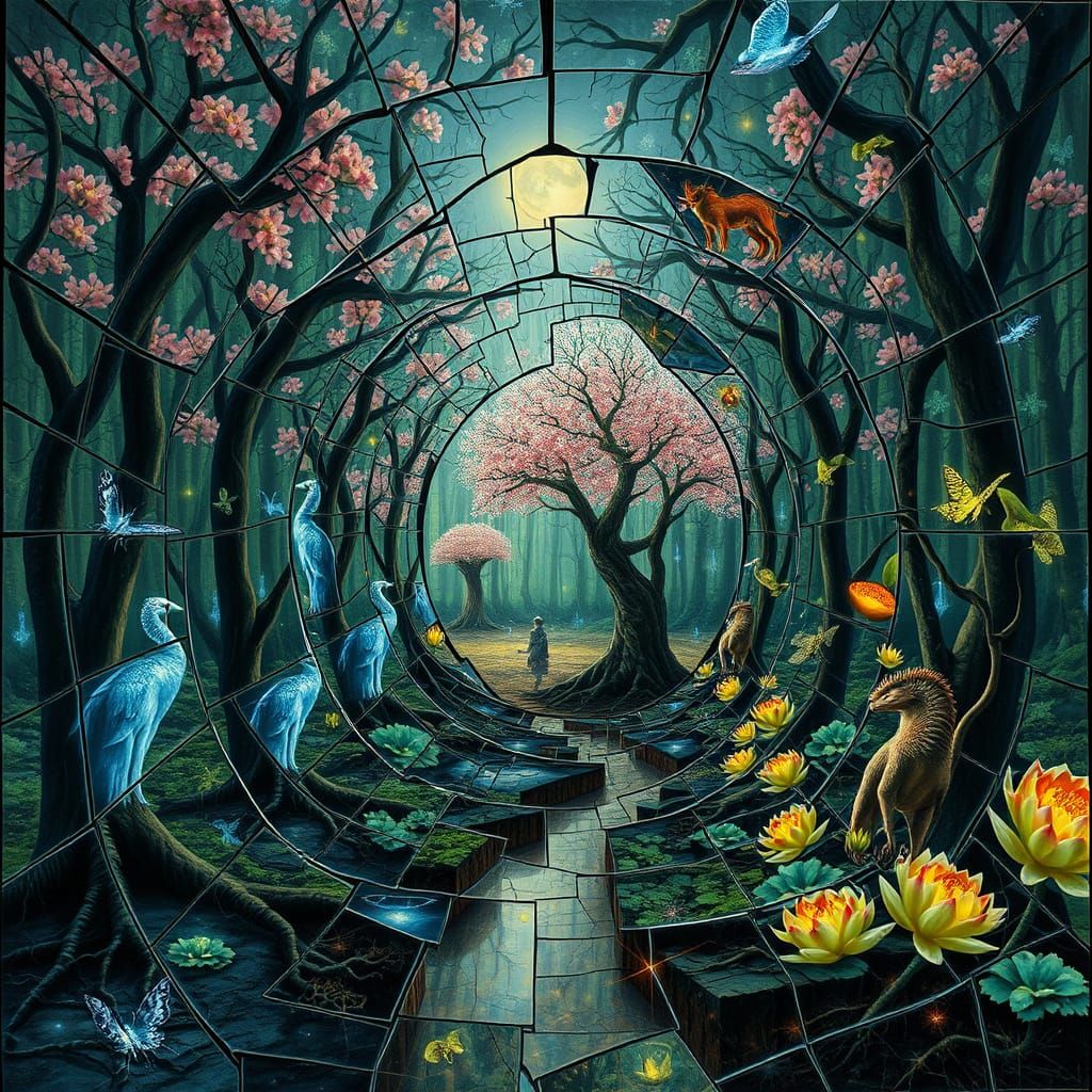 Surreal Labyrinth of Mirrors in a Dreamlike World of Biolumi...