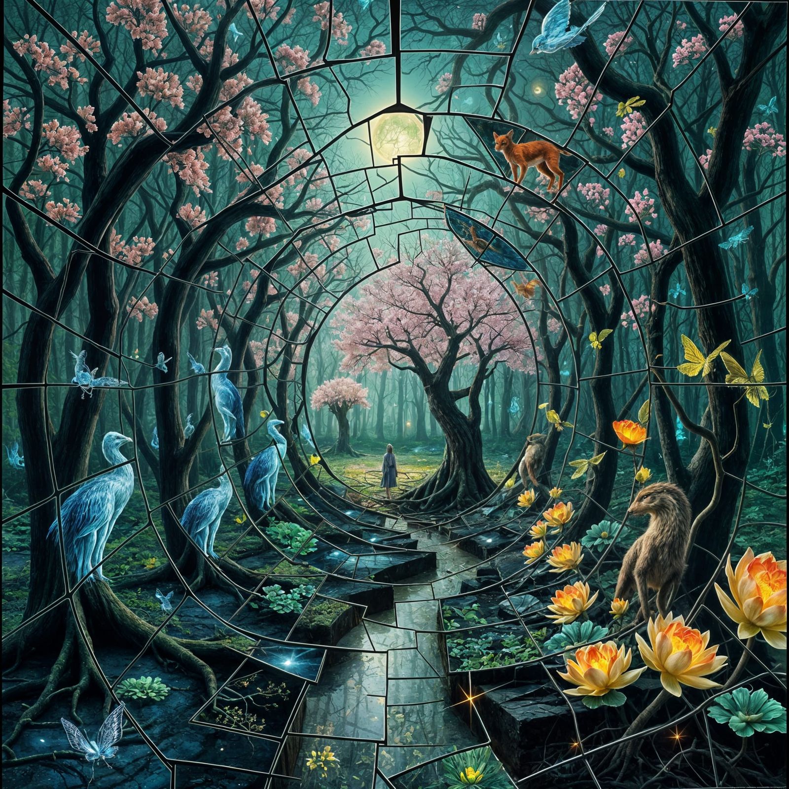 Ethereal Labyrinth of Cracked Mirrors and Bioluminescent Won...