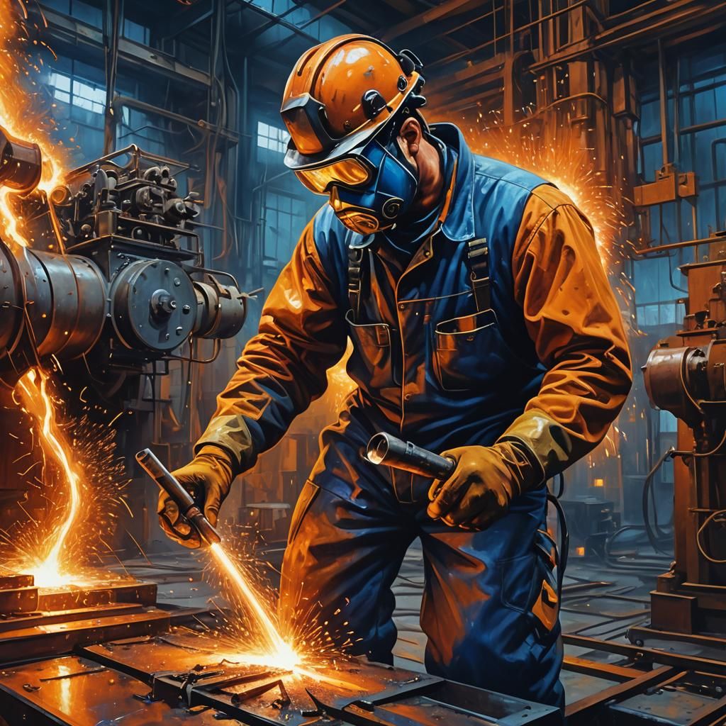 Surreal Steelworker in Factory: Oil on Canvas