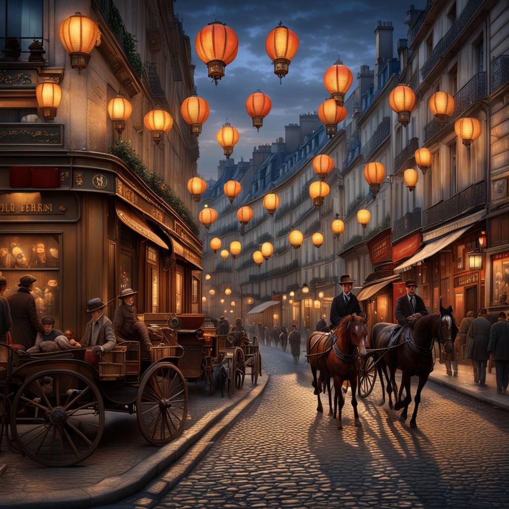 The streets of Paris in the 1920s with its lanterns lighting the streets, its teams of horses, the poor kids in tailgate...