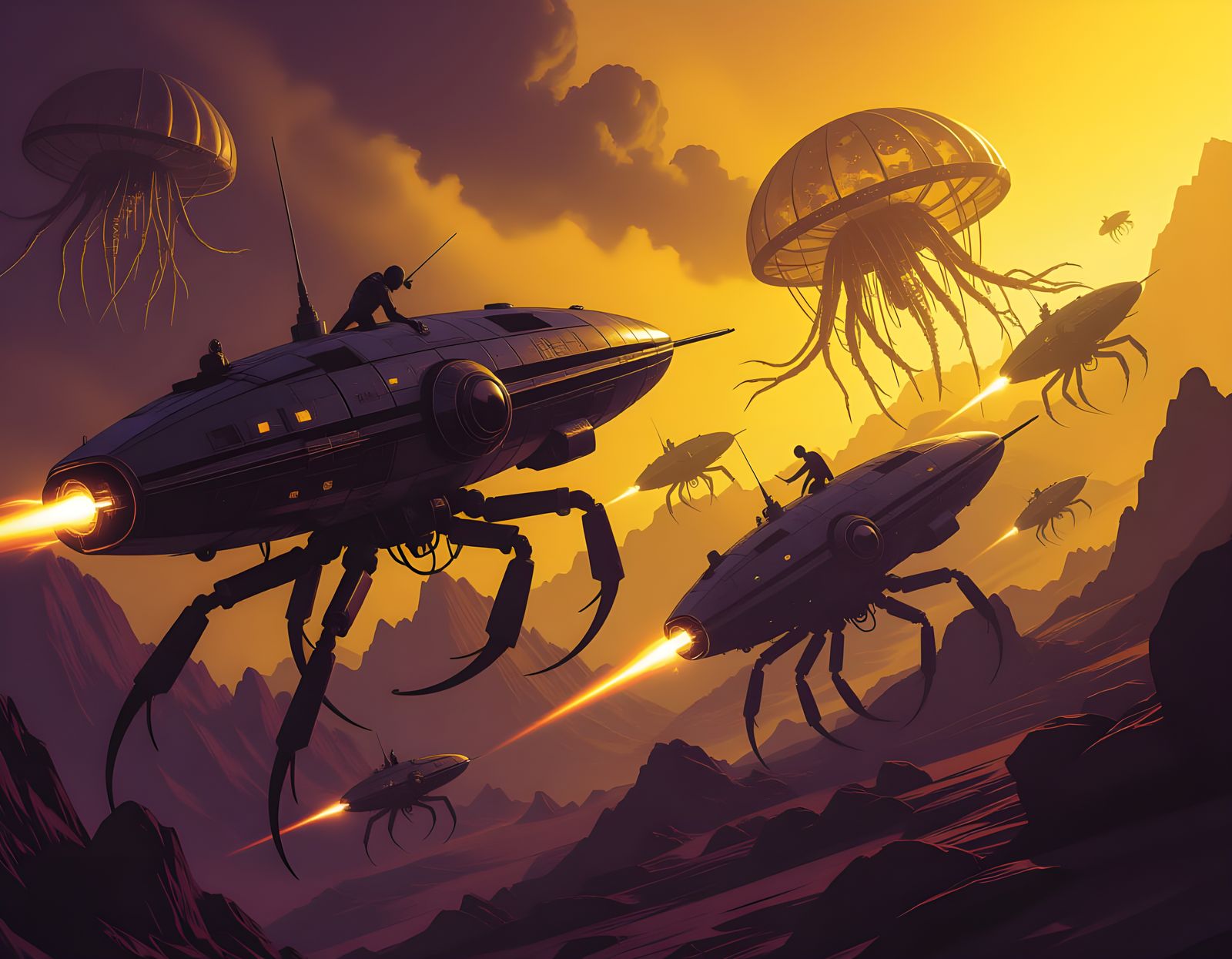 Intricate Space Battle Between Insectoid and Jellyfish Ships