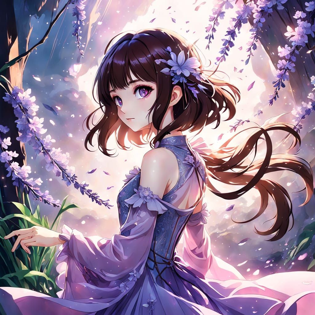 Whimsical Anime Goddess in Lavender Hues